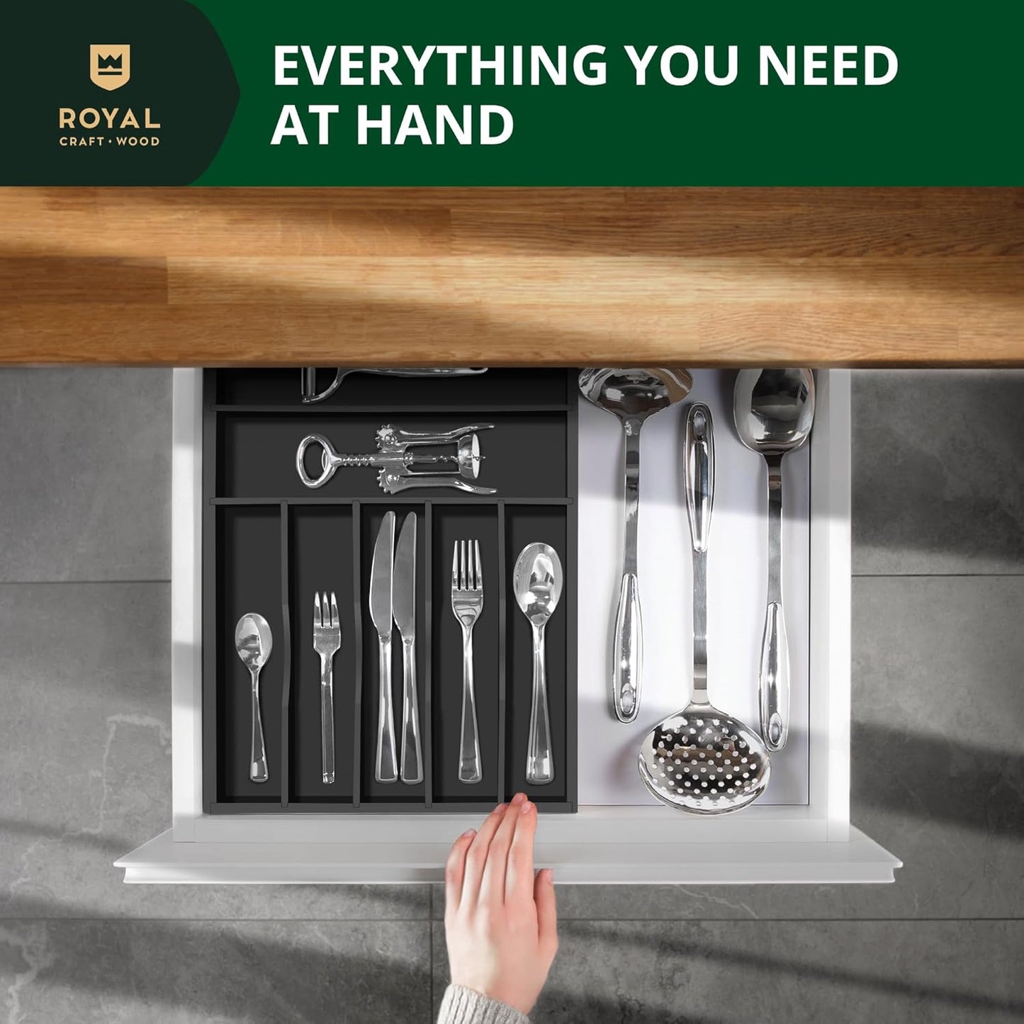 ROYAL CRAFT WOOD Luxury Bamboo Kitchen Drawer Organizer - Silverware Organizer, Utensil Holder & Cutlery Tray Drawer Dividers for Flatware (9 Slot, Natural)