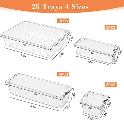 SpaceHacks 25 PCS Plastic Drawer Organizer Set, 4-Size Versatile Organizer Tool Trays & storage Bins for Makeup, Jewelry, and Gadgets in Bathroom, Bedroom and Office,Clear Black