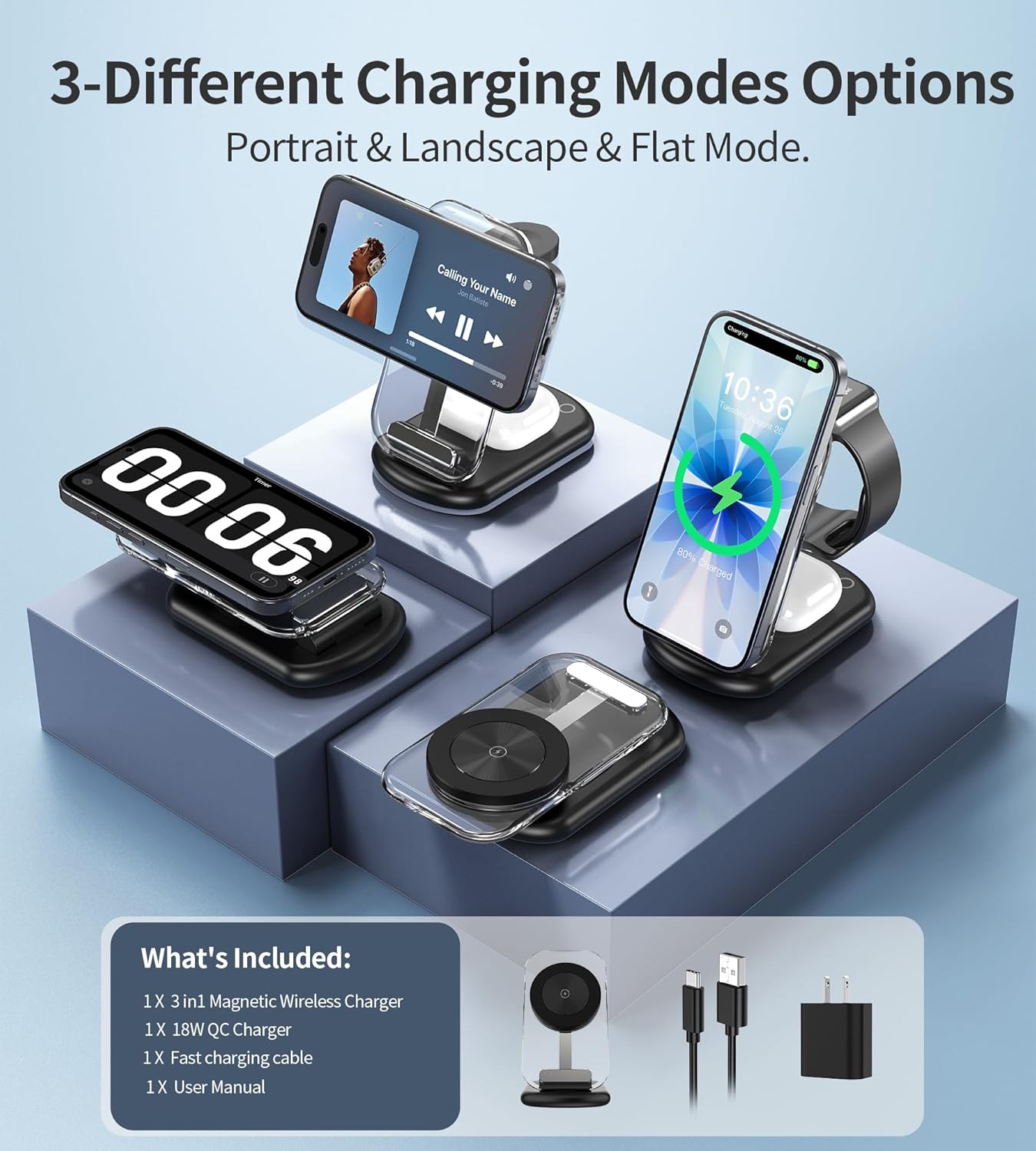 3 in 1 Magnetic Wireless Charging Station for Apple Devices, Fast Foldable Travel Mag-Safe Charger Stand with Night Light for iPhone 17 16 15 14 13 12 Series, Apple Watch/AirPods Pro, BU