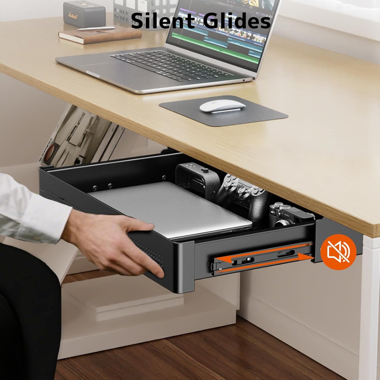 PUTORSEN Under Desk Storage Drawer 15.74" Wide - Smooth Slide Out Organizer for Standing Desk & Home Office,Max Load 17.6 lbs,Quiet Glide, White