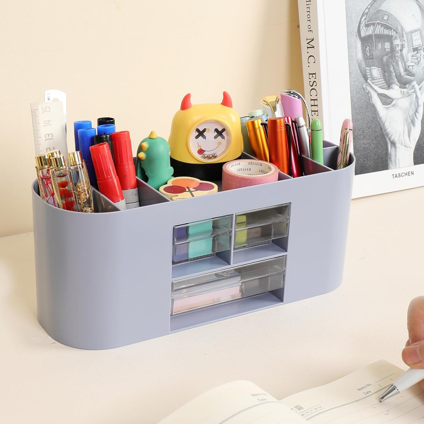 INSTOME Pencil Pen Holder for Desk with 3 Drawers - All-In-One Desk Organizer - Perfect Desk Accessories for Office Use - Stylish & Convenient Desk Organizers and Accessories (Beige)