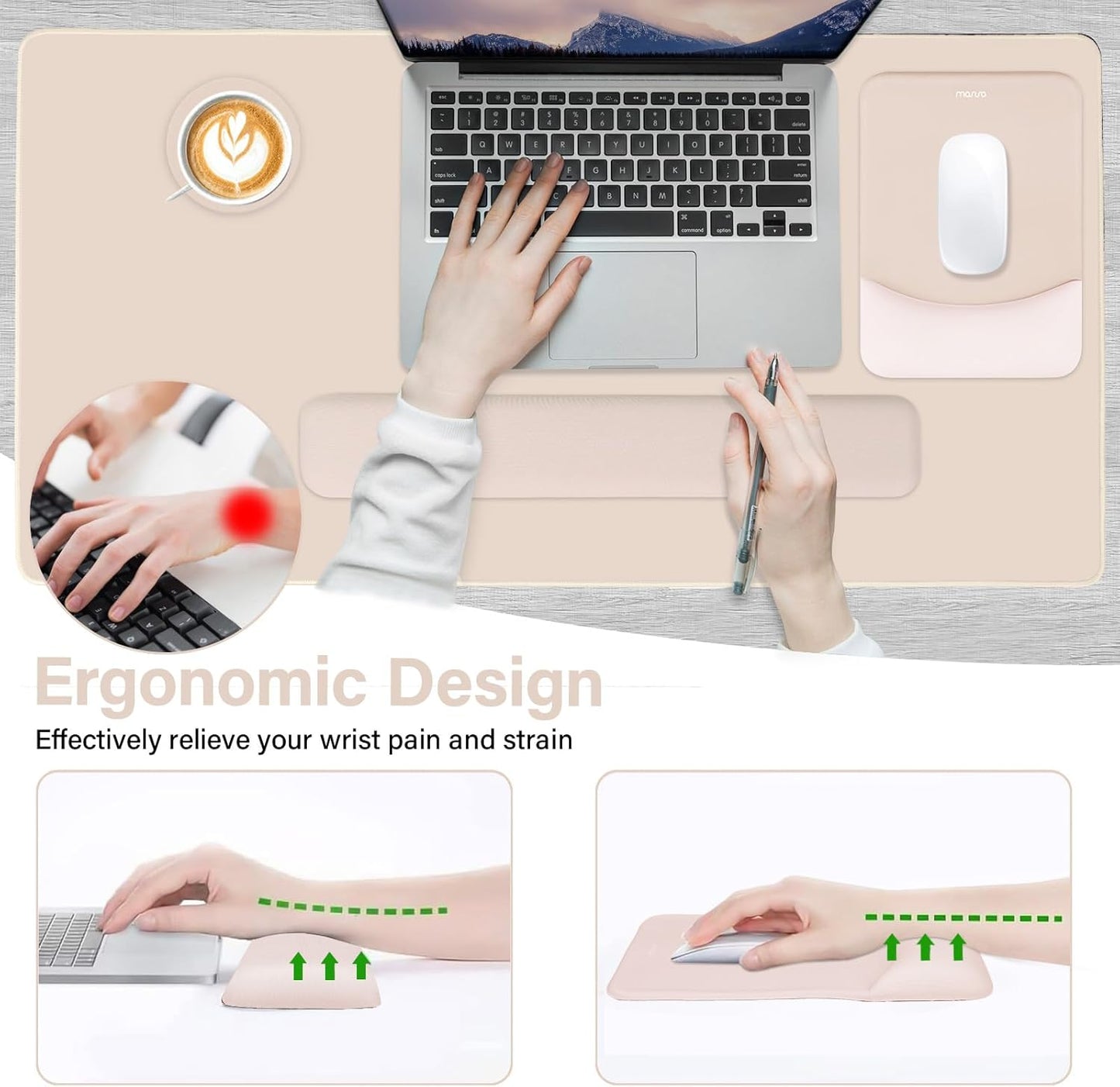 MOSISO Keyboard Mouse Pad Set, Large Gaming Mouse Pad&Rectangular Keyboard Wrist Rest&Mousepad with Wrist Rest&Coaster, Ergonomic Non-Slip&Easy Typing Pad with Curved Silicone Lining, Antique Green