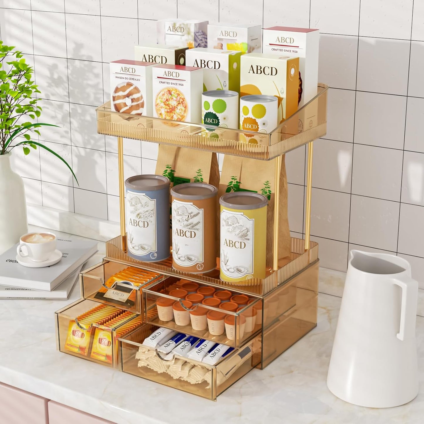 SNSLXH Makeup Organizer Bathroom Storage- 4 Tier 4 Drawer Makeup Storage, Transparent Clear Cosmetics Organiser, Ideal for Cosmetic Perfume Skincare, for Countertop, Bathroom, Office Supplies, Dresser