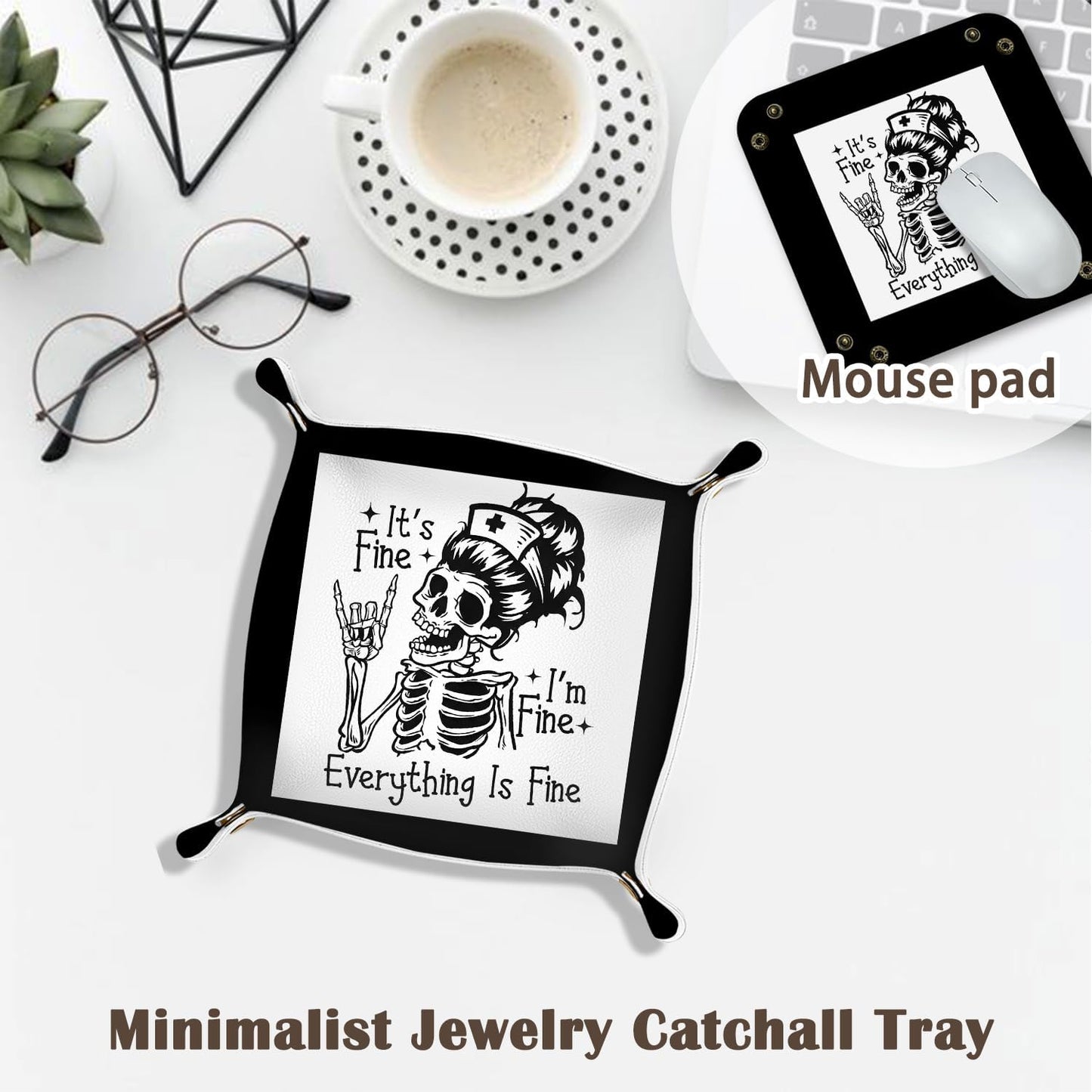Inspirational Gifts for Women Jewelry Valet Tray, Motivational Positive Affirmations Gifts for Women, Blue Retro Nightstand Desk Accessories PU Leather Tray Organizer for Jewelry Rings Watches