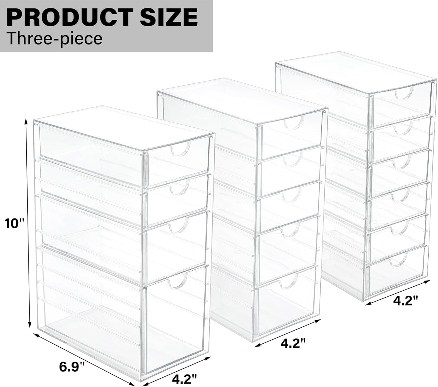 Prsildan Acrylic Makeup Organizer, 2 Pack Stackable Storage Drawers with 6 Drawers for Office Desk Vanity Craft Room Clear Drawer Organizers for Hair Accessories Art Supplies Cosmetics Modular System