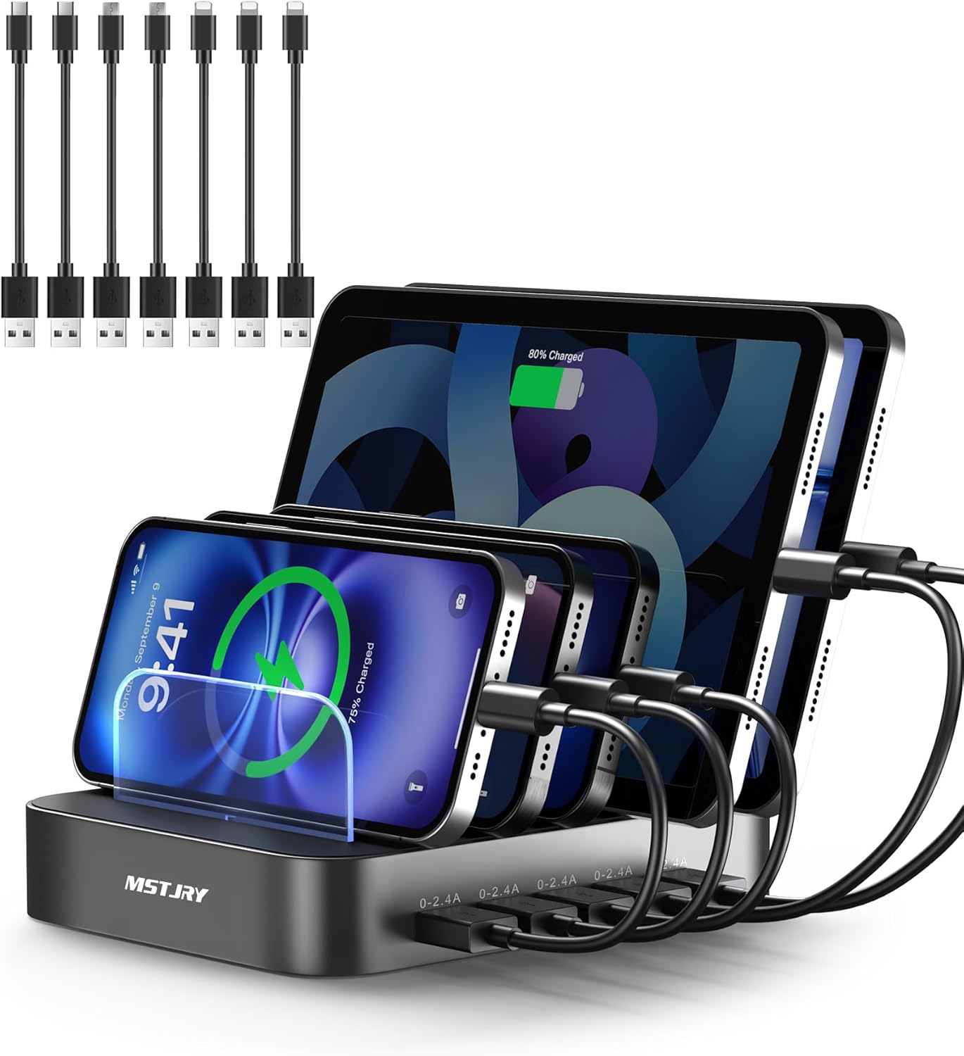 MSTJRY Charging Station for Multiple Devices : 5 Port Multi USB-A Charger Stations Multi-Device Organizer Charging Dock Designed for iPhone iPad Cell Phone Tablets (7 Short Cables Included)