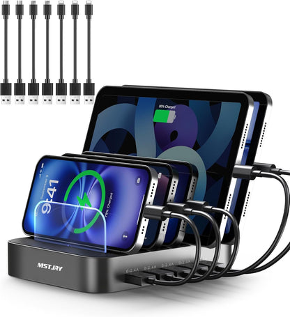 MSTJRY Charging Station for Multiple Devices : 5 Port Multi USB-A Charger Stations Multi-Device Organizer Charging Dock Designed for iPhone iPad Cell Phone Tablets (7 Short Cables Included)