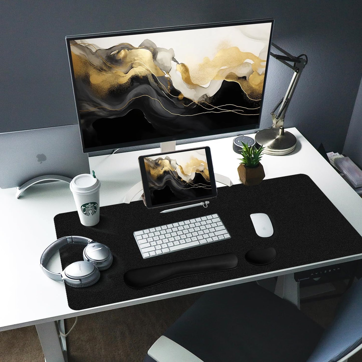 Bloss Leather Desk Pad and Keyboard Wrist Rest, Large Mouse Pad + Keyboard Pad+Mouse Wrist Support, Non-Slip Desk Mat Protector for Office, Home(31.5×15.7 Inches,Beige)