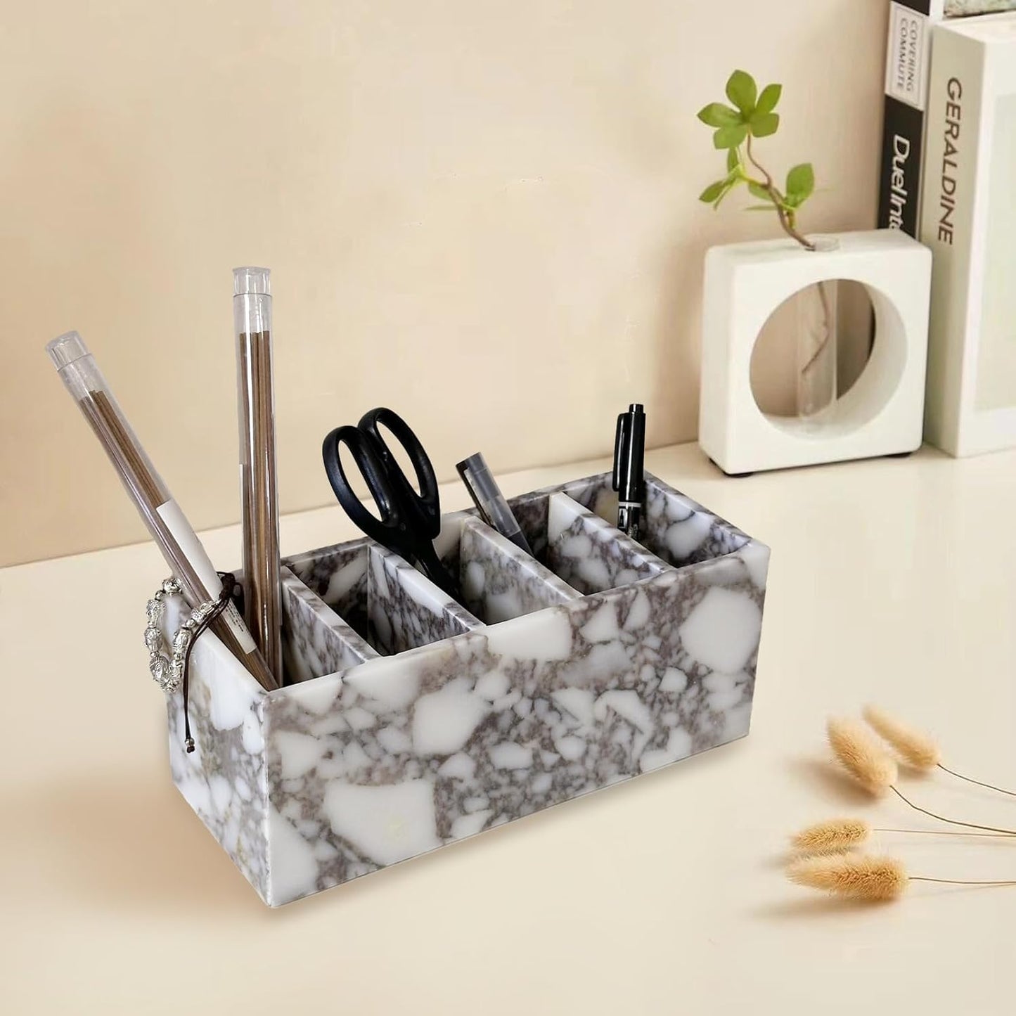 Marble Pen Holder, White Stone Rectangular Desktop Organizer, Office Study Makeup Brush Storage, Home Desk Decor, Minimalist Design, Durable Marble Accessory