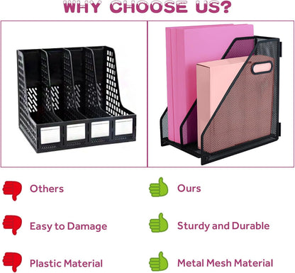 Desk Organizers, Metal Magazine File Holder with 2 Vertical Compartments Rack Binder File Organizer for Office Supplies, Home Workspace - Black