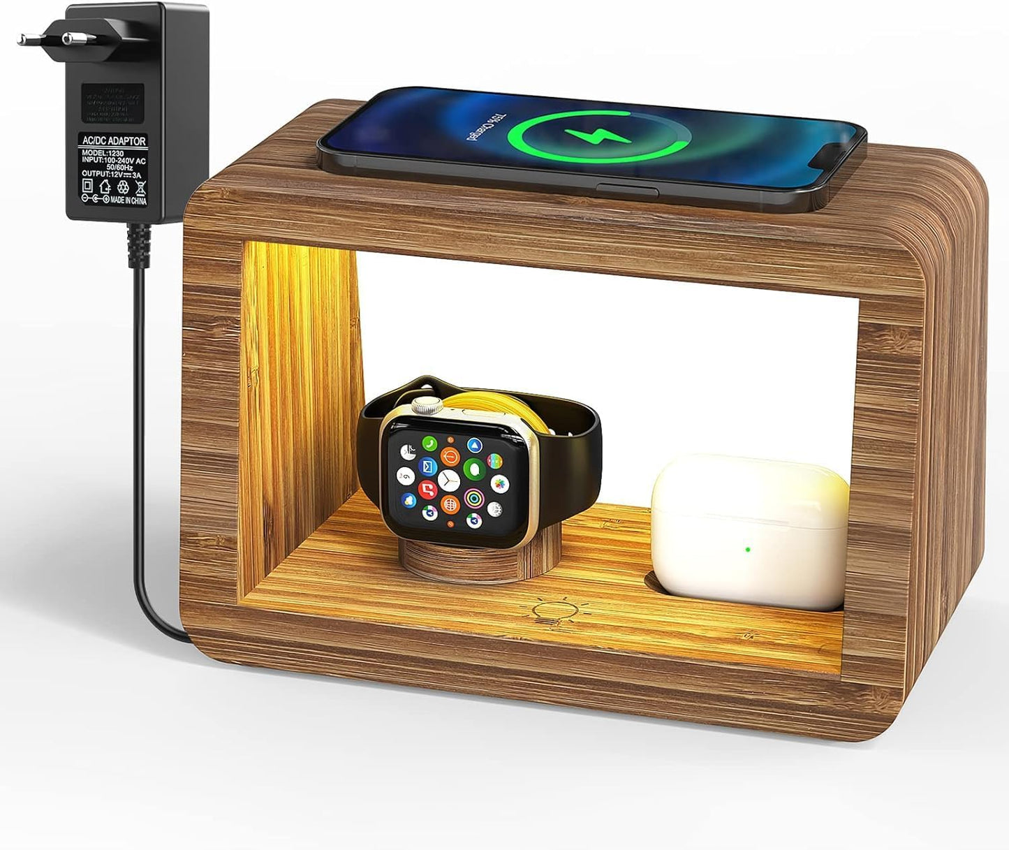 Bamboo Wireless Charging Station with Light: Ideal Gifts 4 in 1 Charging Station for Multiple Devices, Bedside Wireless Charger for iPhones 16-8/Pro/AirPods/iWatch