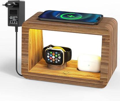Bamboo Wireless Charging Station with Light: Ideal Gifts 4 in 1 Charging Station for Multiple Devices, Bedside Wireless Charger for iPhones 16-8/Pro/AirPods/iWatch