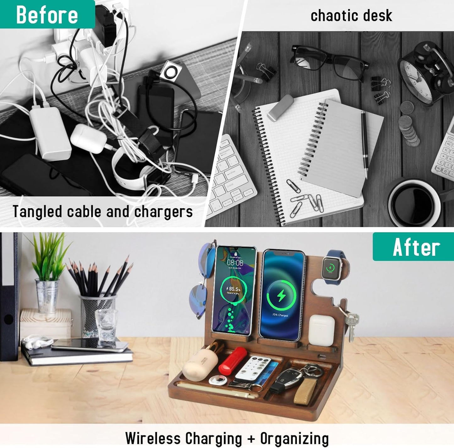 Wood Phone Docking Station Nightstand Organizer for Men 27W 2 Phone Wireless Charging Station with 4 Wireless Charger Stand for iPhone Apple Watch AirPod Mens Birthday Gift Ideas Key Holder