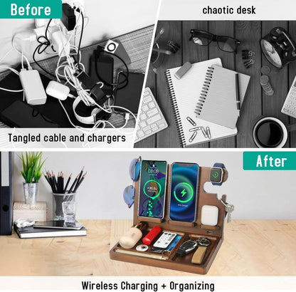 Wood Phone Docking Station Nightstand Organizer for Men 27W 2 Phone Wireless Charging Station with 4 Wireless Charger Stand for iPhone Apple Watch AirPod Mens Birthday Gift Ideas Key Holder