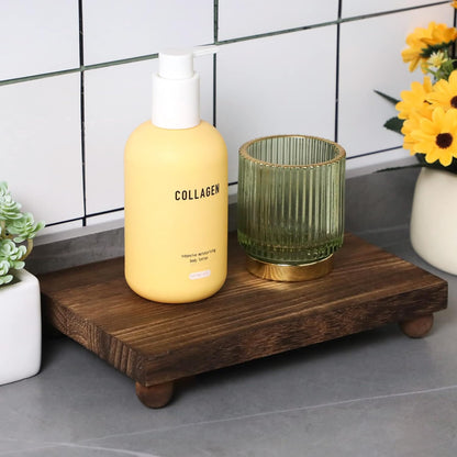 Amyhill Wood Pedestal Stand Kitchen Soap Tray Farmhouse Wooden Riser Stand for Kitchen Bathroom Counter Table Decor Plant Candle Vases Display(Classic,Black,9 x 6 Inch)