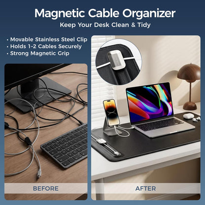 Desk Mat – Double-Sided Vegan Leather & Felt | Built-In Magnetic Cable Organizer & File Storage | Premium Workspace Pad for Office, Gaming & Creative Professionals-（Green）