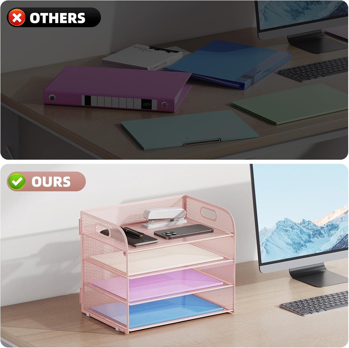 Marbrasse 4 Tier Paper Organizer Letter Tray - Mesh Desk File Organizer with Handle, Paper Sorter Organizer for Letter/A4 Office File Folder Holder (Black, 12.6" x 9.1" x 10.7")