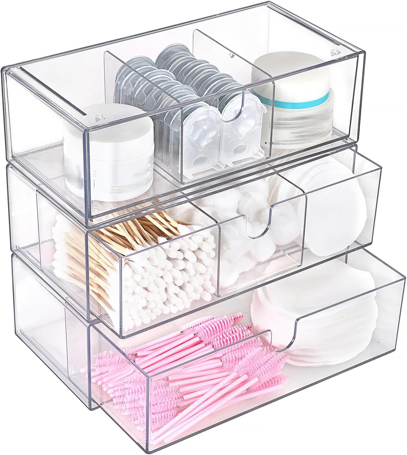 Hipiwe Acrylic Storage Drawers 3-Tier Stackable Bathroom Makeup Organizer Cotton Swabs Qtip Holder for Vanity Cosmetics Clear Desktop Organizer with Removable Dividers, 8.1"Lx 3.9"Wx7.8"H