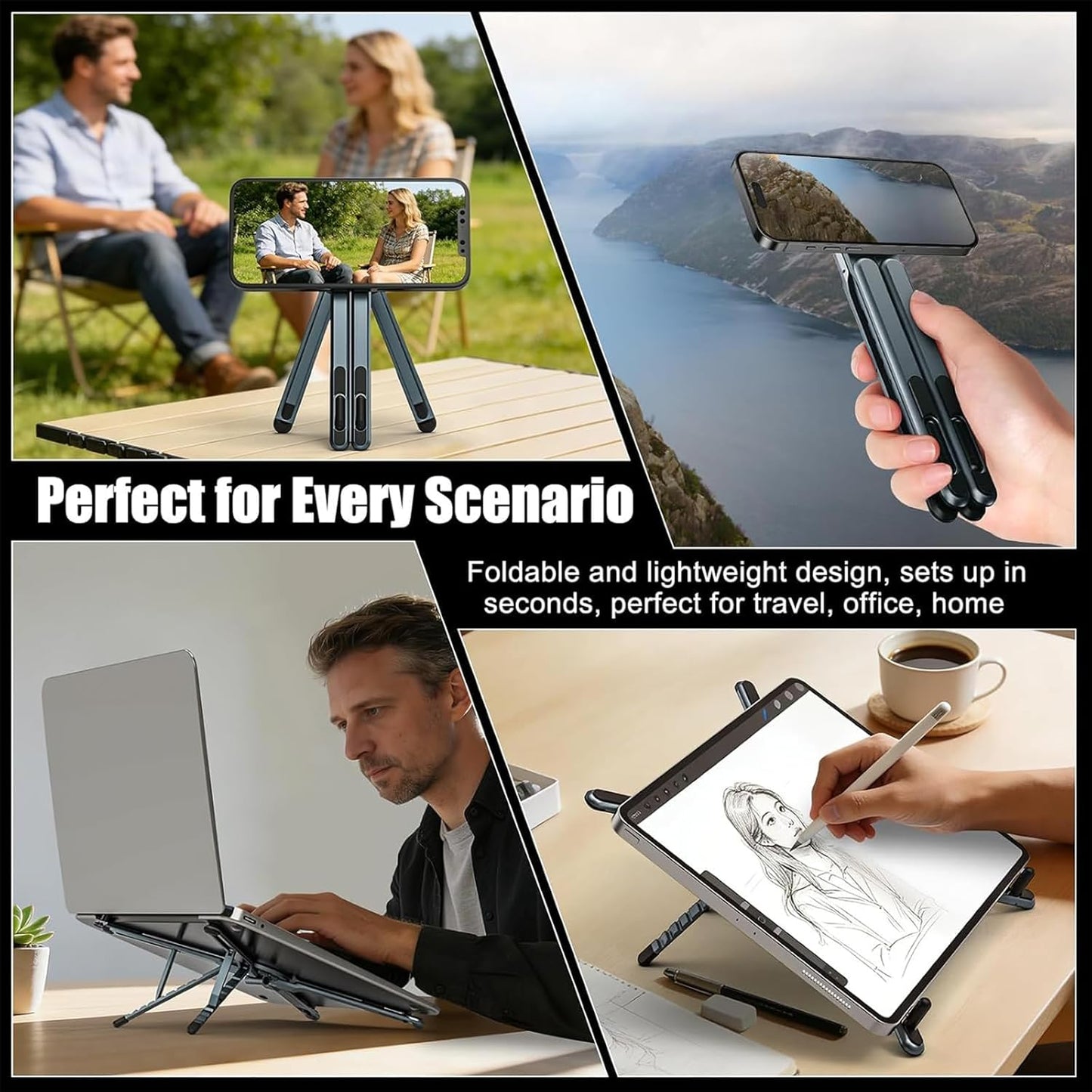 Laptop Stand for Desk, Adjustable Aluminum Alloy Magnetic Foldable Phone Stand, 8 Level Height Adjustable Laptop Stand, 3 in 1 Computer Riser for Phone, Tablet and Laptop
