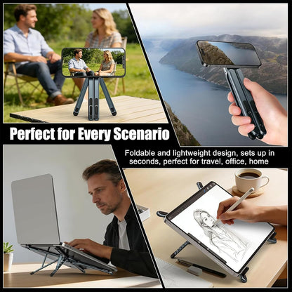 Laptop Stand for Desk, Adjustable Aluminum Alloy Magnetic Foldable Phone Stand, 8 Level Height Adjustable Laptop Stand, 3 in 1 Computer Riser for Phone, Tablet and Laptop