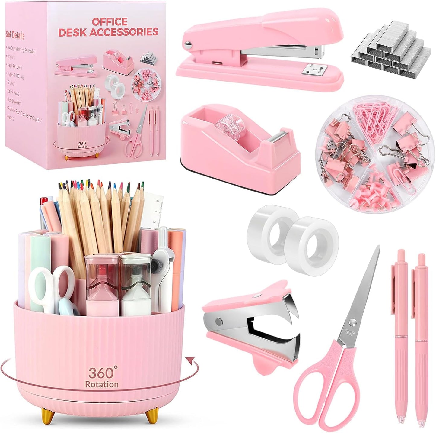 SKYDUE Pink Desk Accessories 10Pcs, Rotating Pen Holder for Desk, Stapler, Staple Remover, Tape Dispenser,2pcs Tape Refills, Binder Paper Clips Kit, Scissor,Pink Office School Supplies