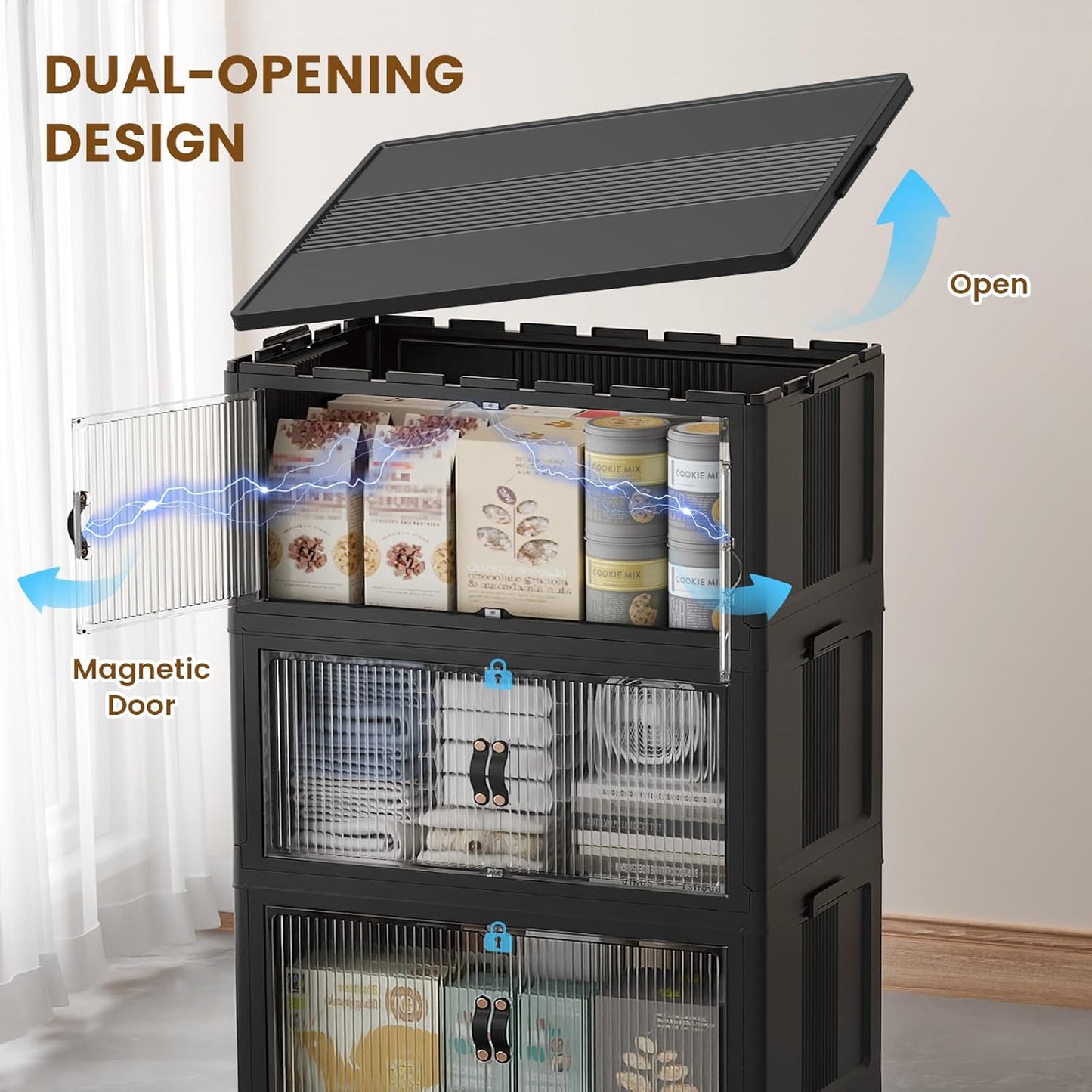 SAILUN 145Gal/580Qt Collapsible & Stackable Storage Bins with Door & a Lid,Perfect for Blanket Storage, Pillow Organizer, Bedroom Closet & Living Room, Black 26" W x 17" D x 71" H