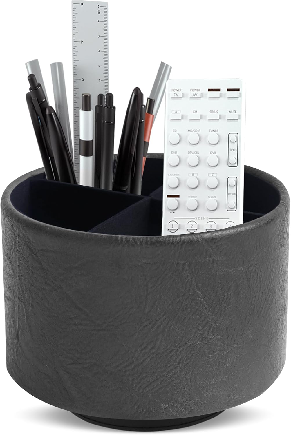 Hennaja Round Leather Art Supply Organizer,Remote Control Holder,360 Degree Rotating,Multi-Functional Pencil Holder,4 Compartments Desktop Stationary Organizer(1-Blue Bird) - Colors A
