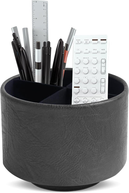 Hennaja Round Leather Art Supply Organizer,Remote Control Holder,360 Degree Rotating,Multi-Functional Pencil Holder,4 Compartments Desktop Stationary Organizer(1-Blue Bird) - Colors A