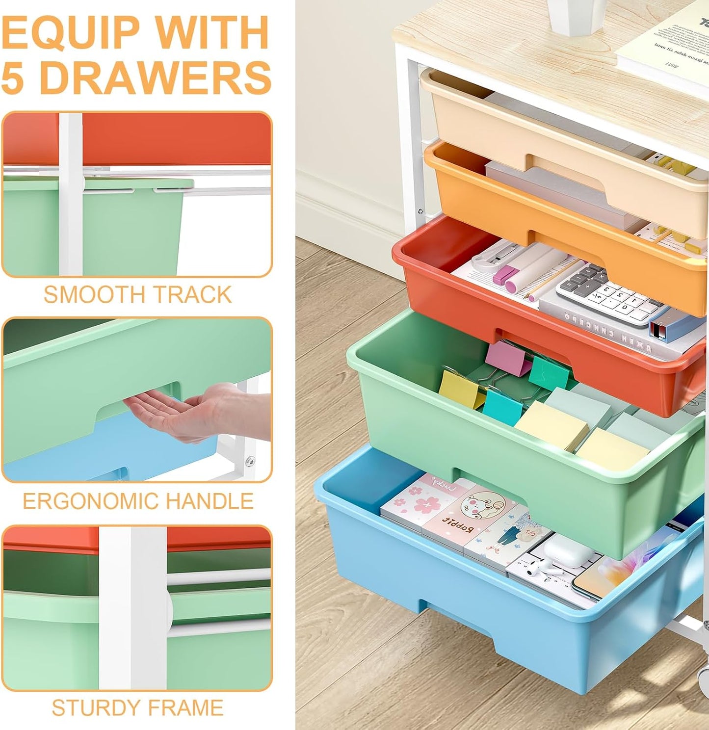 SYKIARIOL Utility Cart with 5 Drawers,Storage Cart with Wooden Tabletop and Lockable Wheels,Craft Storage Trolley Organizer,5-Tier Rolling Utility on Wheels,Light Green