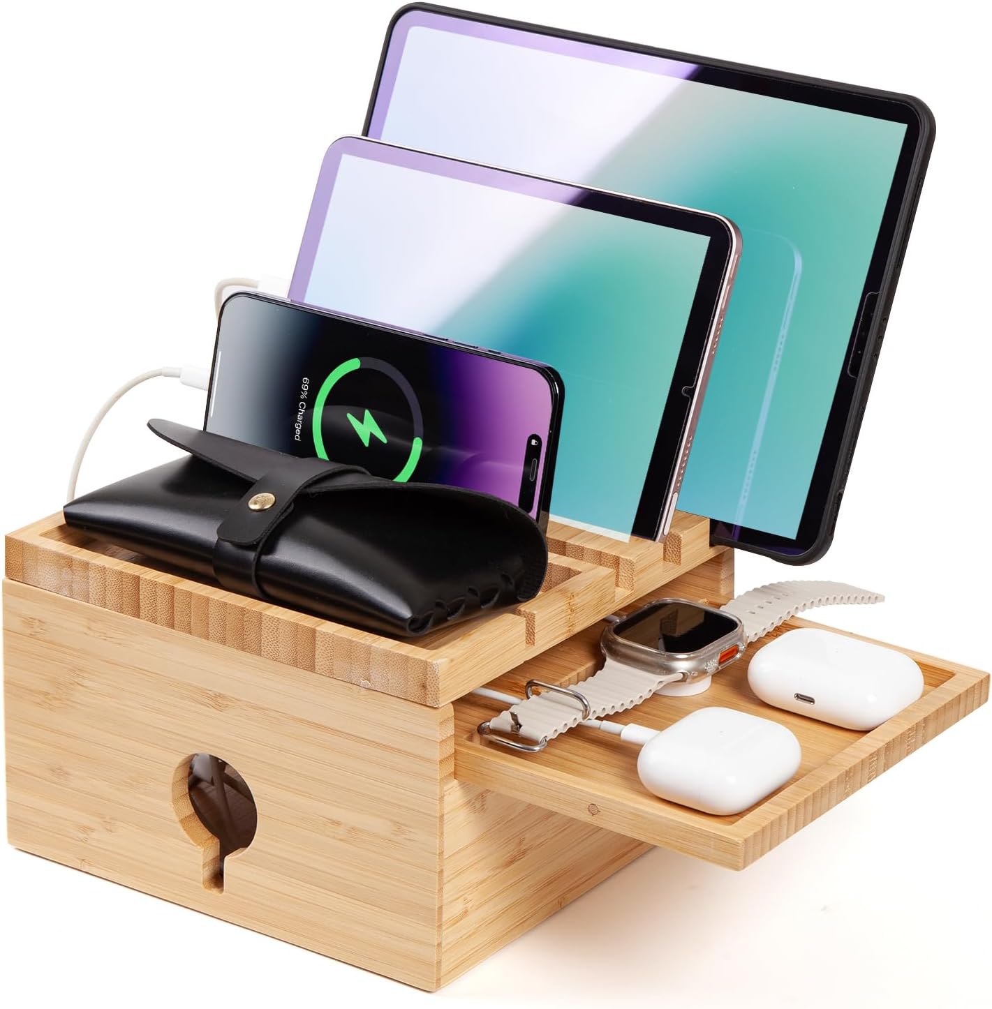 Bamboo Charging Station for Multiple Devices, Nightstand Docking Station with Small Tray, Desktop Wood Charger Organizer, Compatible with Cell Phone, Tablet, Earphones (No USB Charger and Cables)