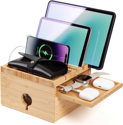 Bamboo Charging Station for Multiple Devices, Nightstand Docking Station with Small Tray, Desktop Wood Charger Organizer, Compatible with Cell Phone, Tablet, Earphones (No USB Charger and Cables)