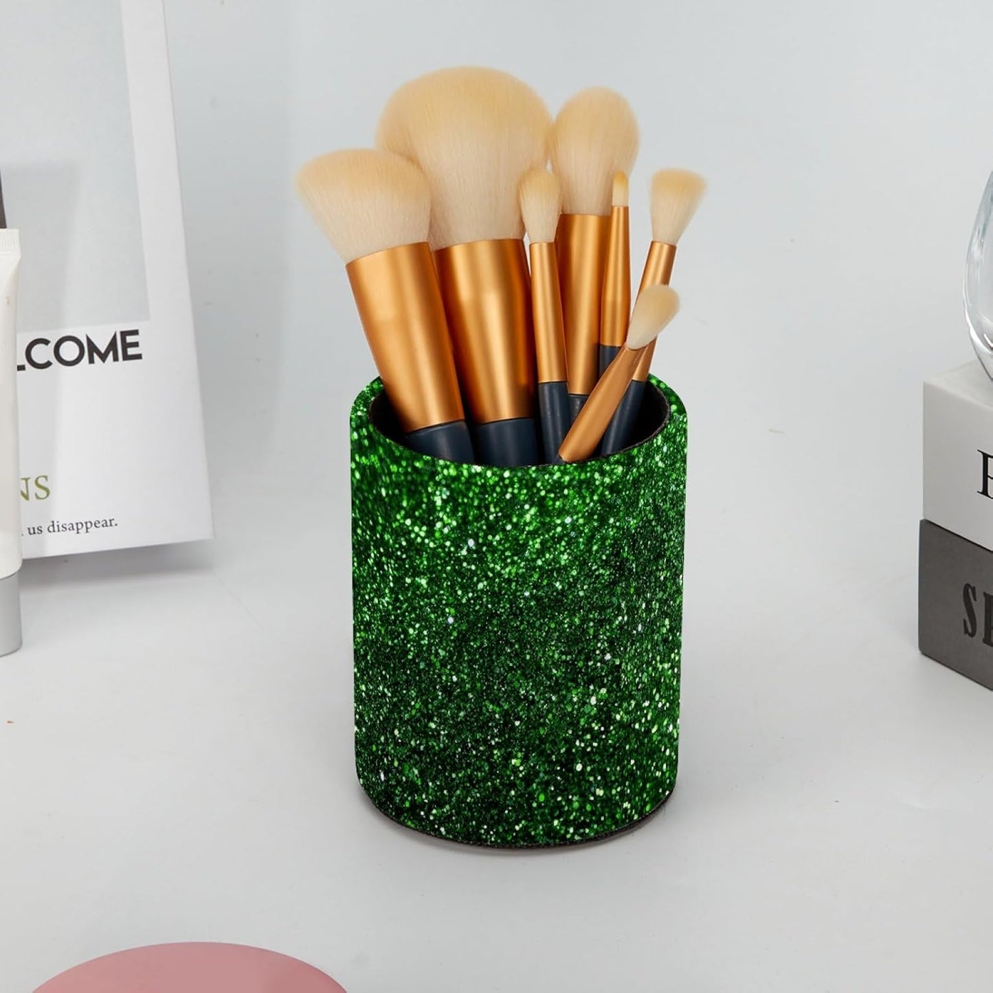 Leather Pen Holder for Desk, Love Cherry Pencil Organizer Pencil Cup Desk Decor Makeup Brush Holder Multifunctional Office Supplies for Home,Office, School