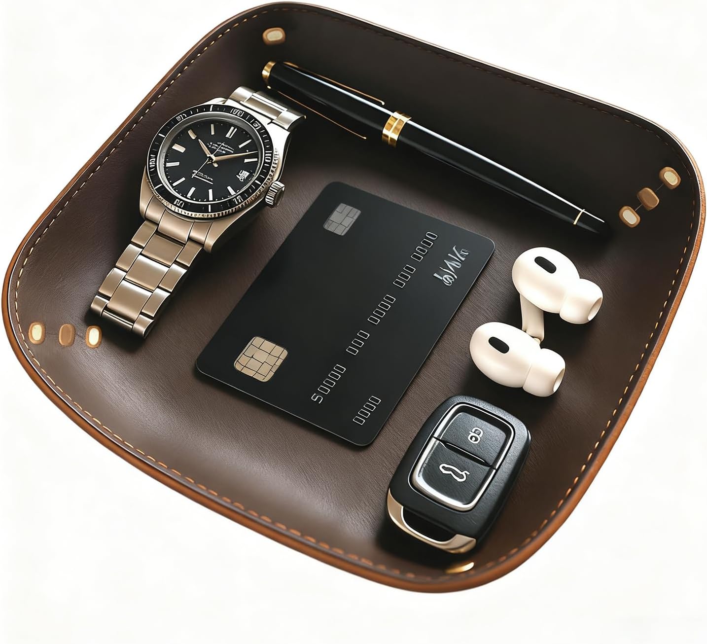Genuine Leather Valet Tray-Handmade Brown Leather Catchall Organizer for Desk, Nightstand Bedside Desk & Entryway Table Storage Tray for Keys, Phone, Wallet, Coins, Jewelry for Women & Men