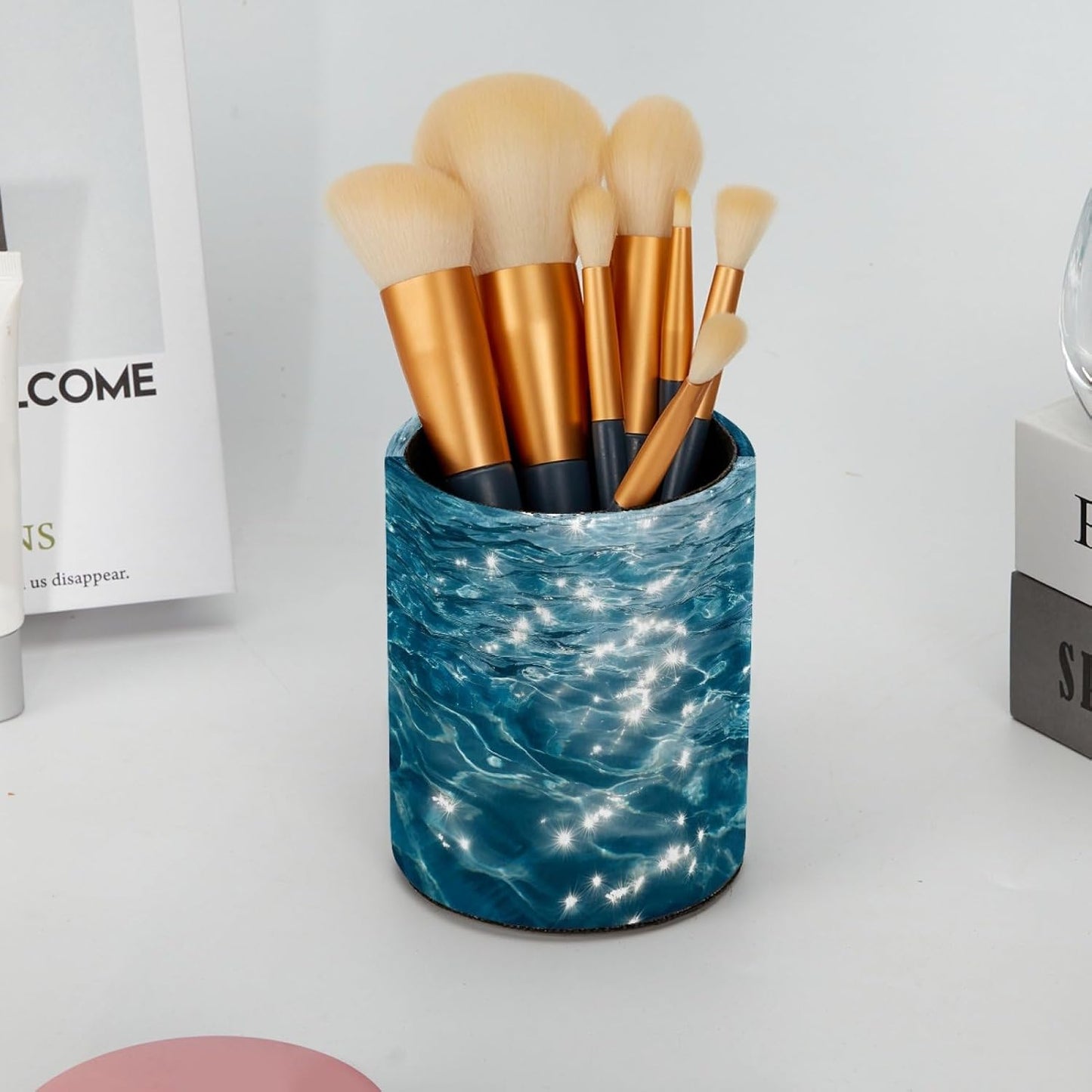 Leather Pen Holder for Desk, Love Cherry Pencil Organizer Pencil Cup Desk Decor Makeup Brush Holder Multifunctional Office Supplies for Home,Office, School