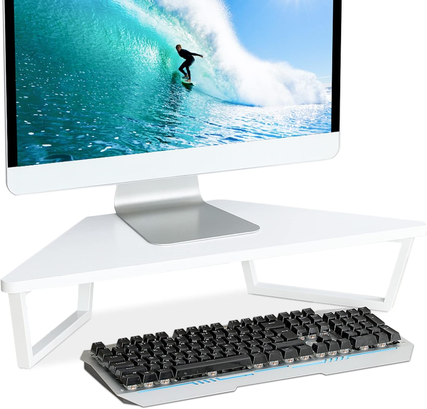 TEAMIX 26 inch Triangle Monitor Stand Riser, Desktop Corner Shelf with Metal Leg Wood Computer Stand with Storage Laptop Riser Office Organization