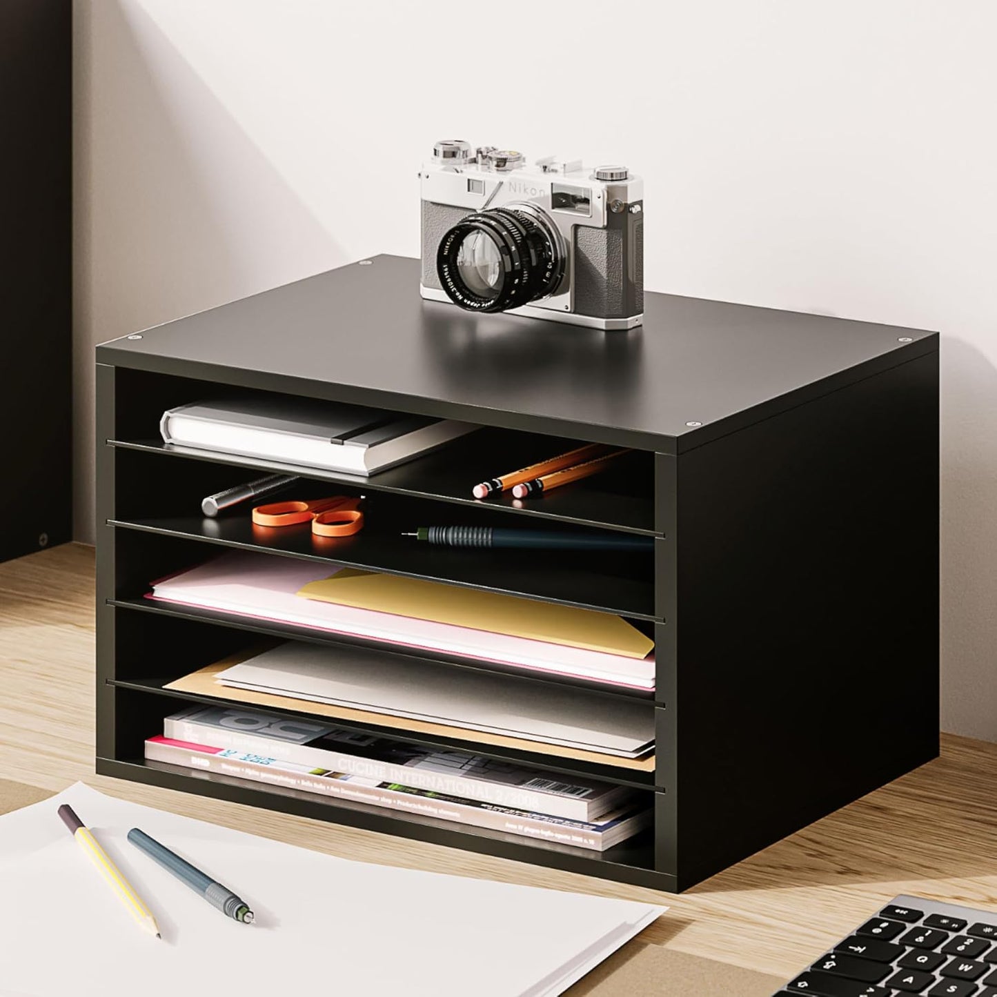 Ballucci 4-Tier Paper Organizer for Desk, Stackable Organizer Tray, Desk Storage Shelves, Stacking Letter Paper Tray Sorter for Classroom, Office, White