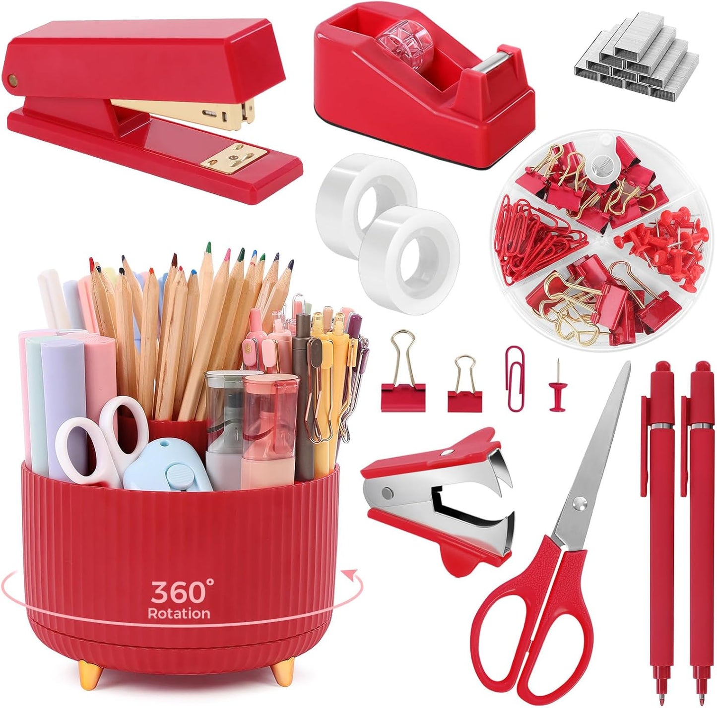 SKYDUE Pink Desk Accessories 10Pcs, Rotating Pen Holder for Desk, Stapler, Staple Remover, Tape Dispenser,2pcs Tape Refills, Binder Paper Clips Kit, Scissor,Pink Office School Supplies