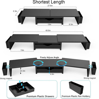 gianotter Dual Monitor Stand Riser, Desk Organizer With Drawer and 2 Pen Holders, Computer Monitor Stand, Shelf for Top of Desk, Black