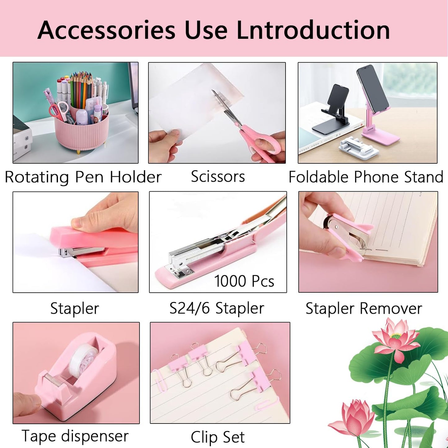suniya Office Supplies,Gold Desk Accessories,with Stapler,Tape Dispenser,Pen Holder,Scissors,Phone Stand,Staple Remover,Ballpoint Pen,Clear Tape, Staples,Ruler,Clips,Best Gift for Business or Boss