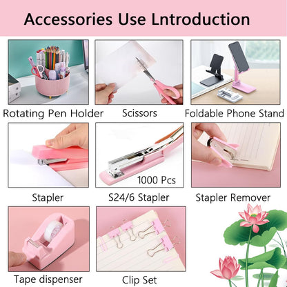 suniya Office Supplies,Gold Desk Accessories,with Stapler,Tape Dispenser,Pen Holder,Scissors,Phone Stand,Staple Remover,Ballpoint Pen,Clear Tape, Staples,Ruler,Clips,Best Gift for Business or Boss