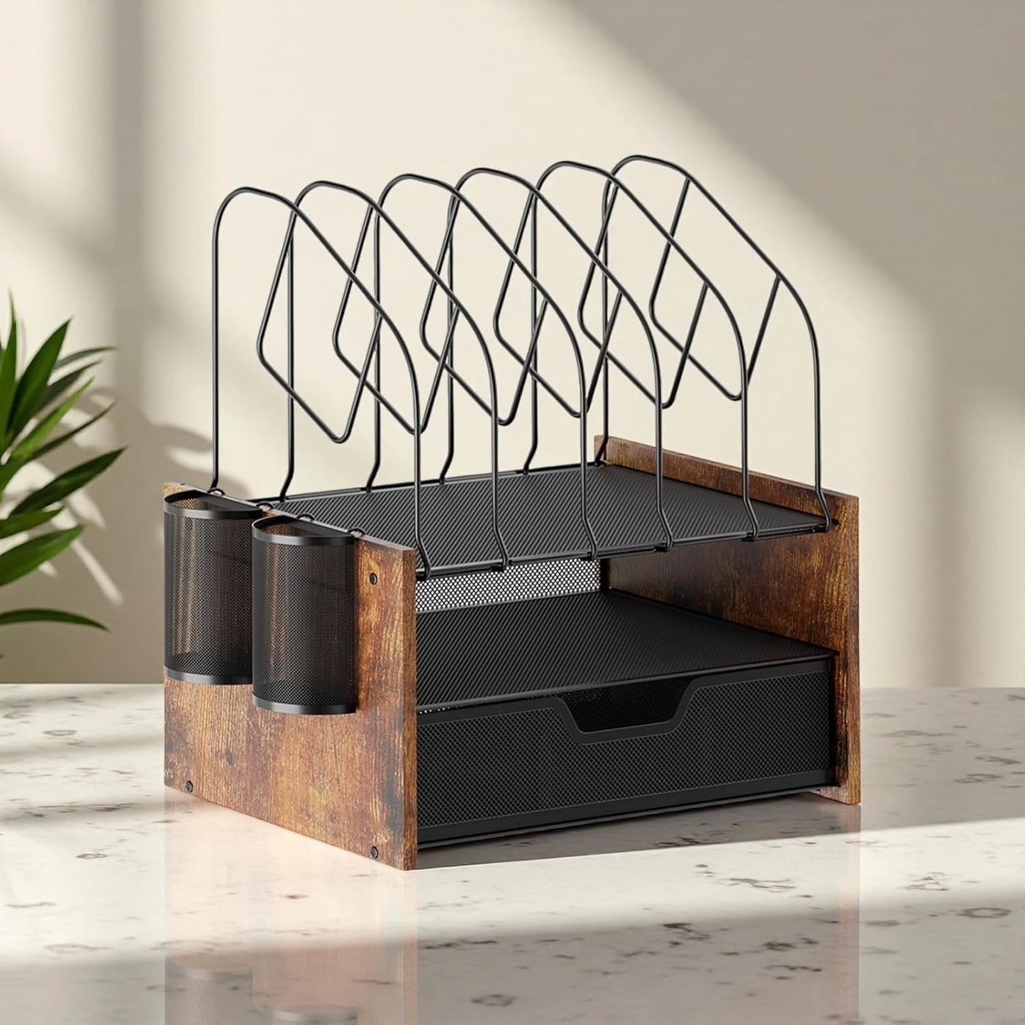 Wood Desk Organizer - 3-Tier Desktop File Organizer with Drawer, Wooden Paper Tray, Office Desk Organzier and Accessories for Papers, Mail, Notebooks, Stationery