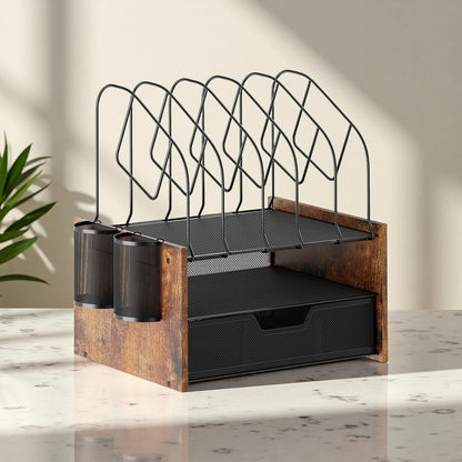 Wood Desk Organizer - 3-Tier Desktop File Organizer with Drawer, Wooden Paper Tray, Office Desk Organzier and Accessories for Papers, Mail, Notebooks, Stationery