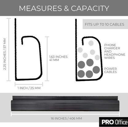 Cable Management ProOffice 96in J Channel Cable Raceways - 6X 16in Black No Screw/No Drill Computer Cord Organizer - Cable Channels for Wire Management Under Desk with Adhesive