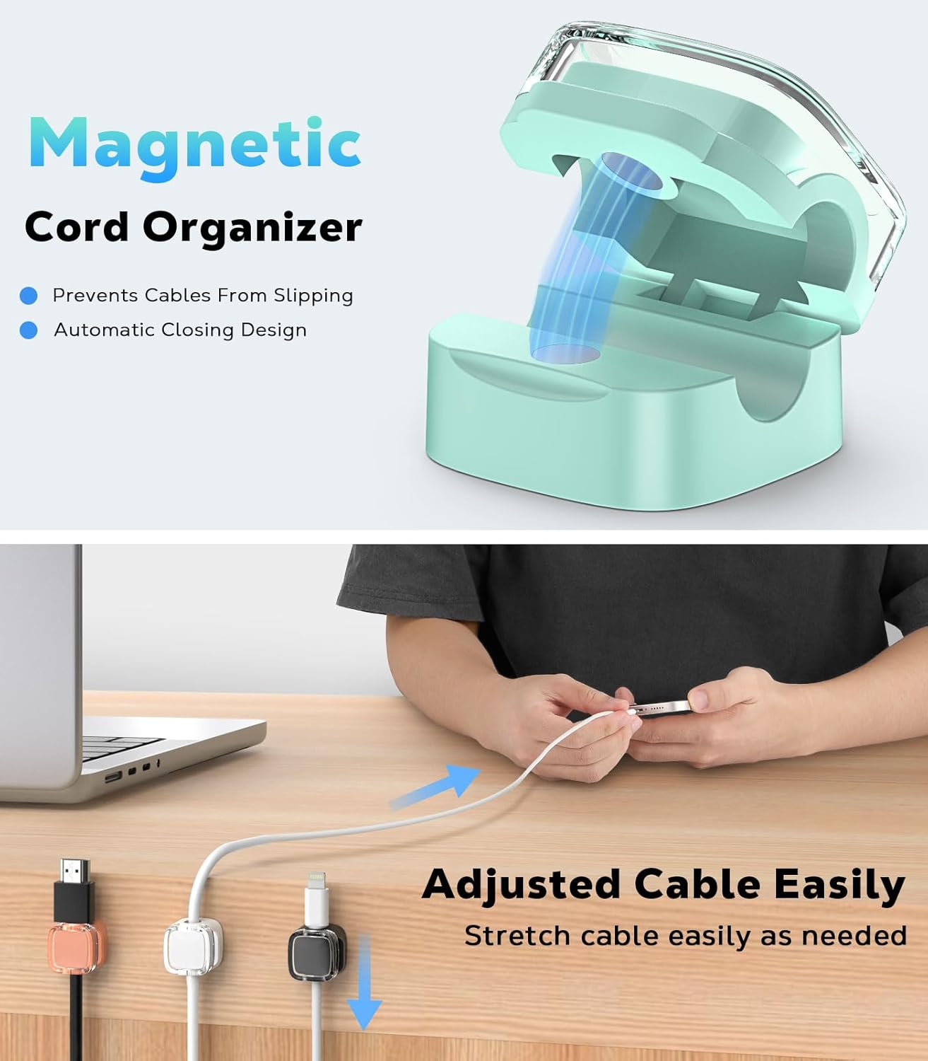 MoKo 6 Pack Magnetic Cable Clips, Under Desk Cable Management, Adhesive Magnetic Cord Holder, Magnetic Cord Organizer Wire Holder Keeper Organizer for Nightstand Desk Office Car Wall Glass, White