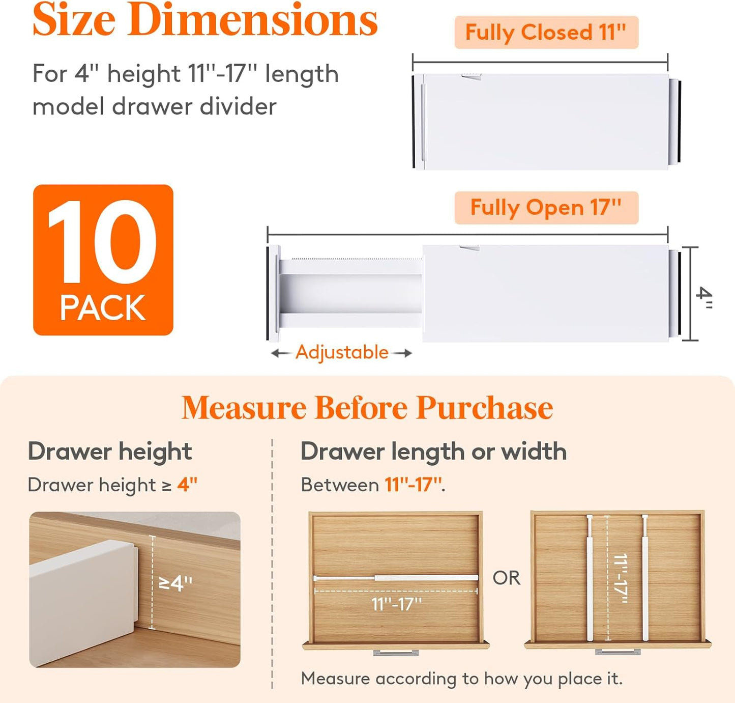Lifewit 5 Pack 4" High Drawer Dividers 28-43.5cm/11-17" Adjustable Drawer Organizer for Clothes/Utensils, Expandable Drawer Separator in Dresser/Kitchen/Bedroom/Office Organization & Storage White