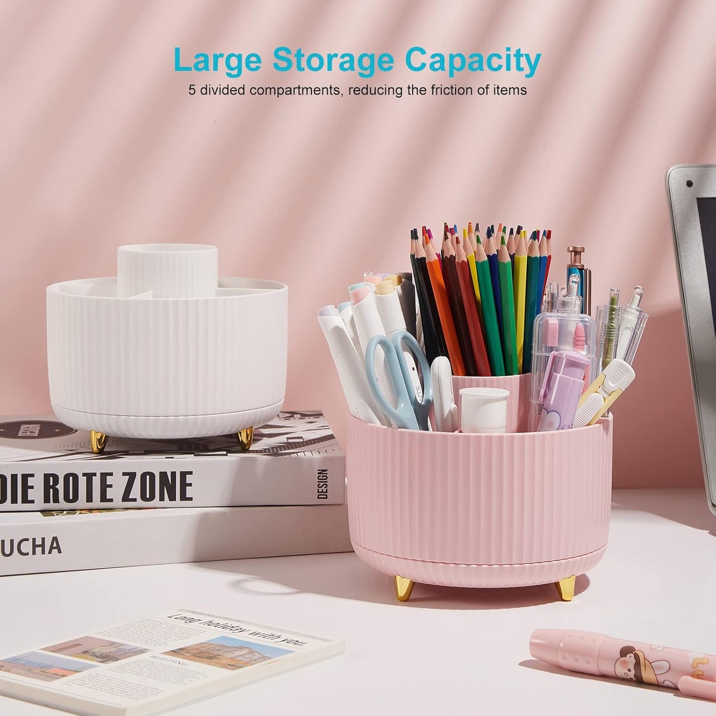 Desk Pencil Pen Holder, 5 Slots 360 Degree Rotating Pencil Pen Organizers for Desk Desktop Storage Stationery Supplies Organizer Cute Pen Cup for Office School Home Art Supply Cream Yellow