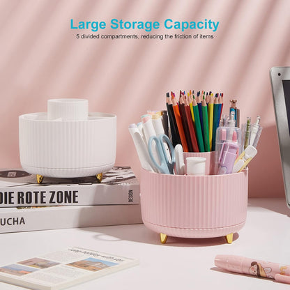 Desk Pencil Pen Holder, 5 Slots 360 Degree Rotating Pencil Pen Organizers for Desk Desktop Storage Stationery Supplies Organizer Cute Pen Cup for Office School Home Art Supply Cream Yellow