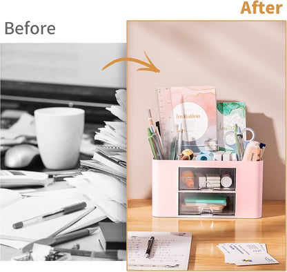 Marbrasse Pen Organizer with 2 Drawer, Multi-Functional Pencil Holder for Desk, Desk Organizers and Accessories with 5 Compartments + Drawer for Office Art Supplies (White)