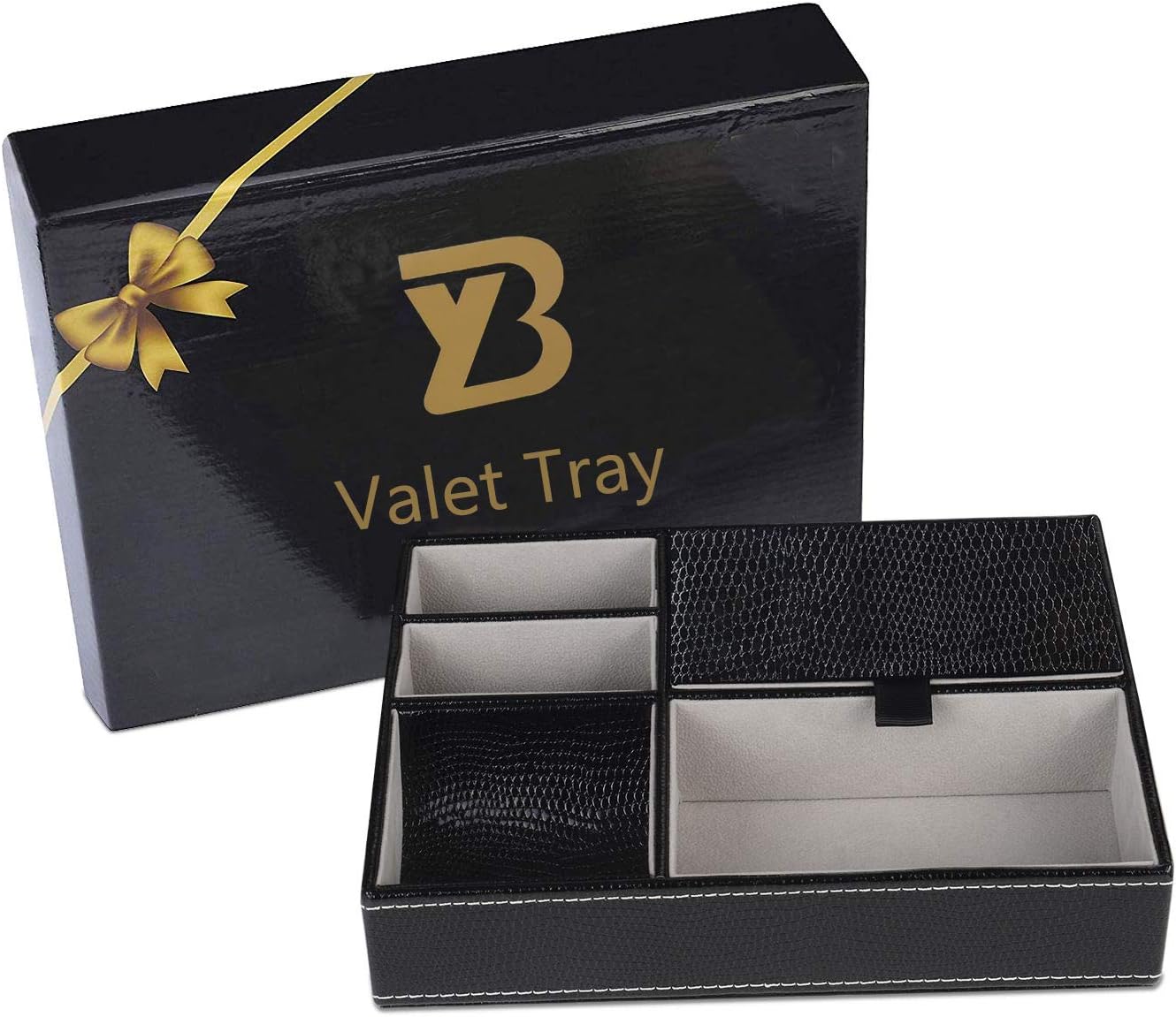 Baoyun Mens Valet Tray Organizer, Mens Jewelry Box, Nightstand Organizer for Men with 5 compartments, Faux Leather Key Tray for Entryway Table, Bedside Storage for Watch, Coin, Phone Gifts for Men