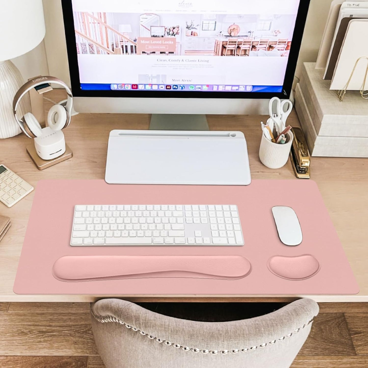 Mouse Pad and Keyboard Wrist Rest, 3-in-1 Large Keyboard and Mouse Pad Set, Ergonomic Wrist Rest for Computer Keyboards, Non-Slip Desk Mat Protector for Women (Purple Pink, 31.5" X 15.7")